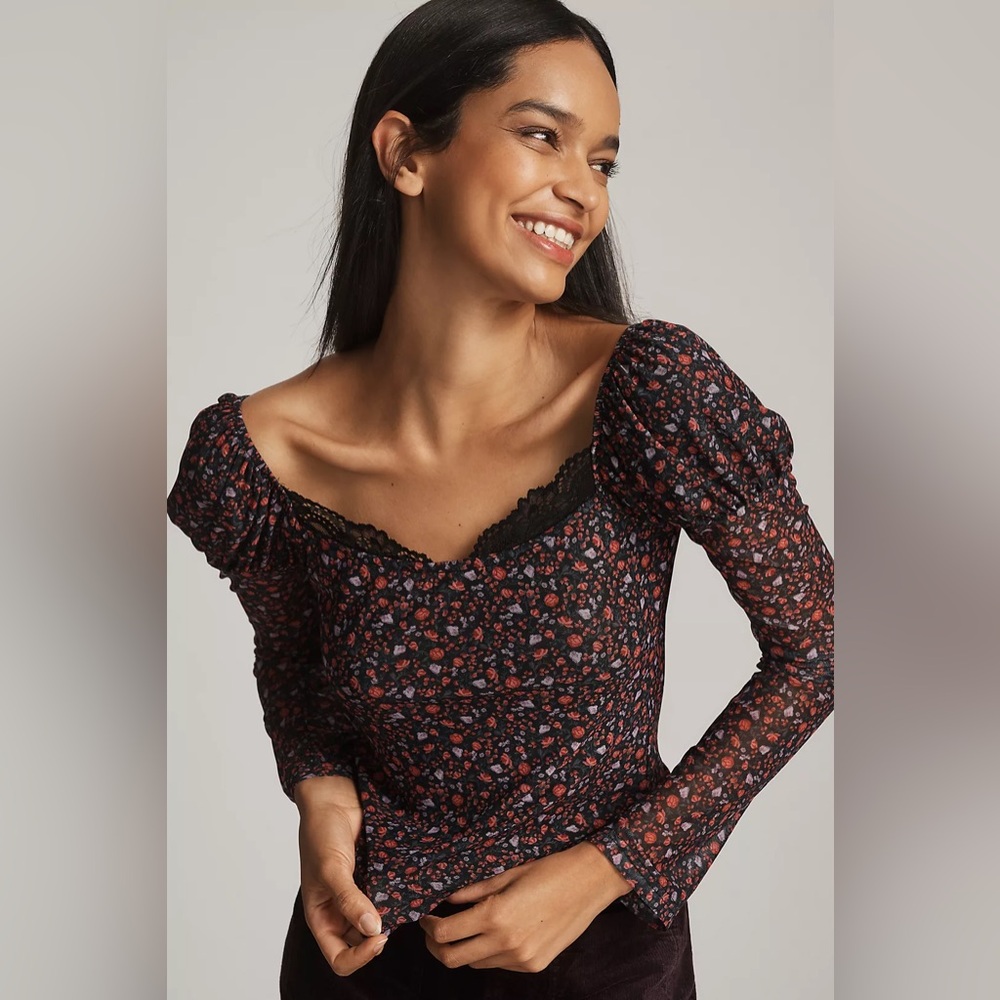 NWT Maeve Mutton-Sleeve Scoop-Neck Ditsy Floral Top